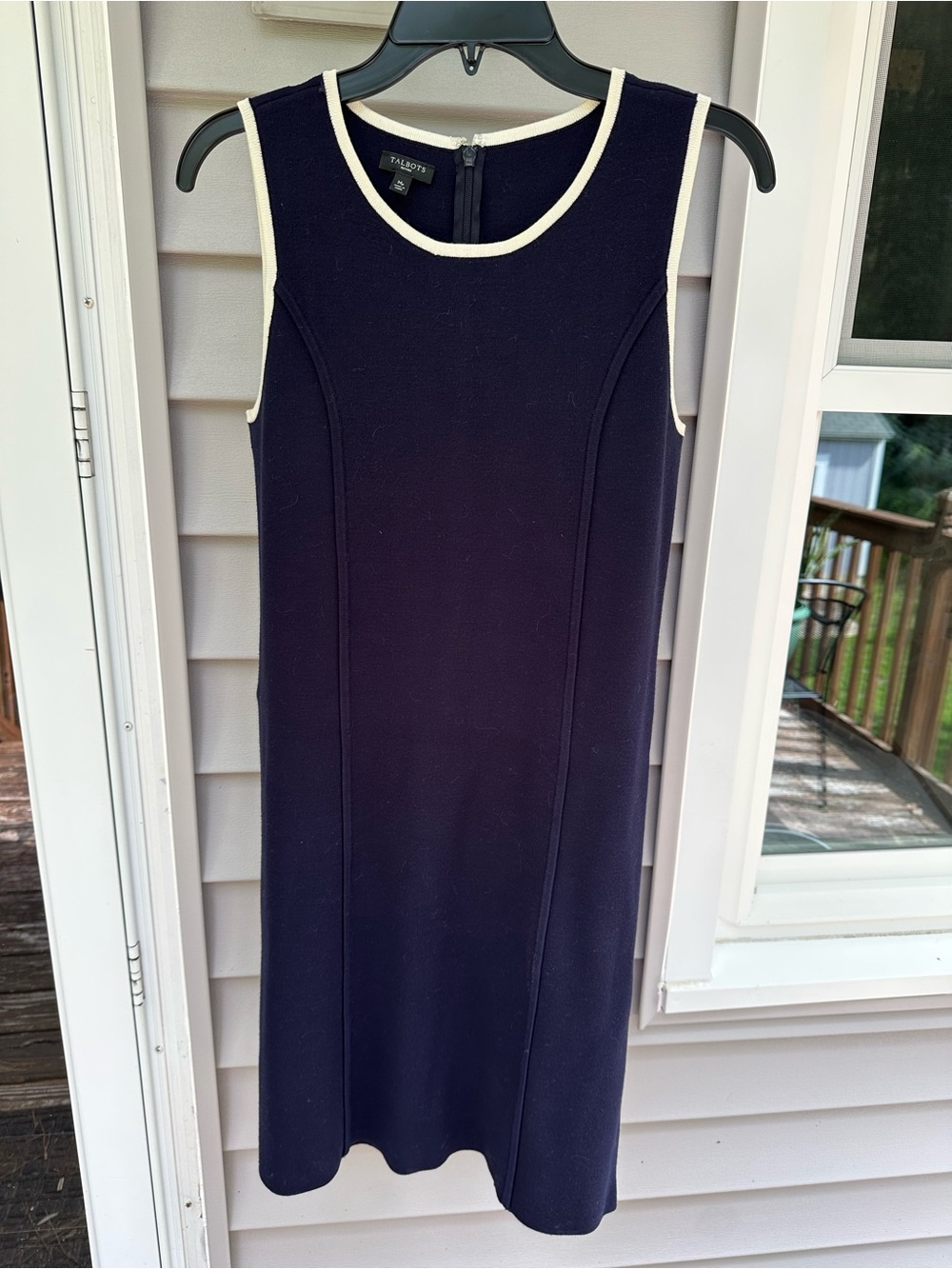 Talbots Petites Sleeveless Sweater Dress MP Navy Blue Contrast Trim Knit Dress
